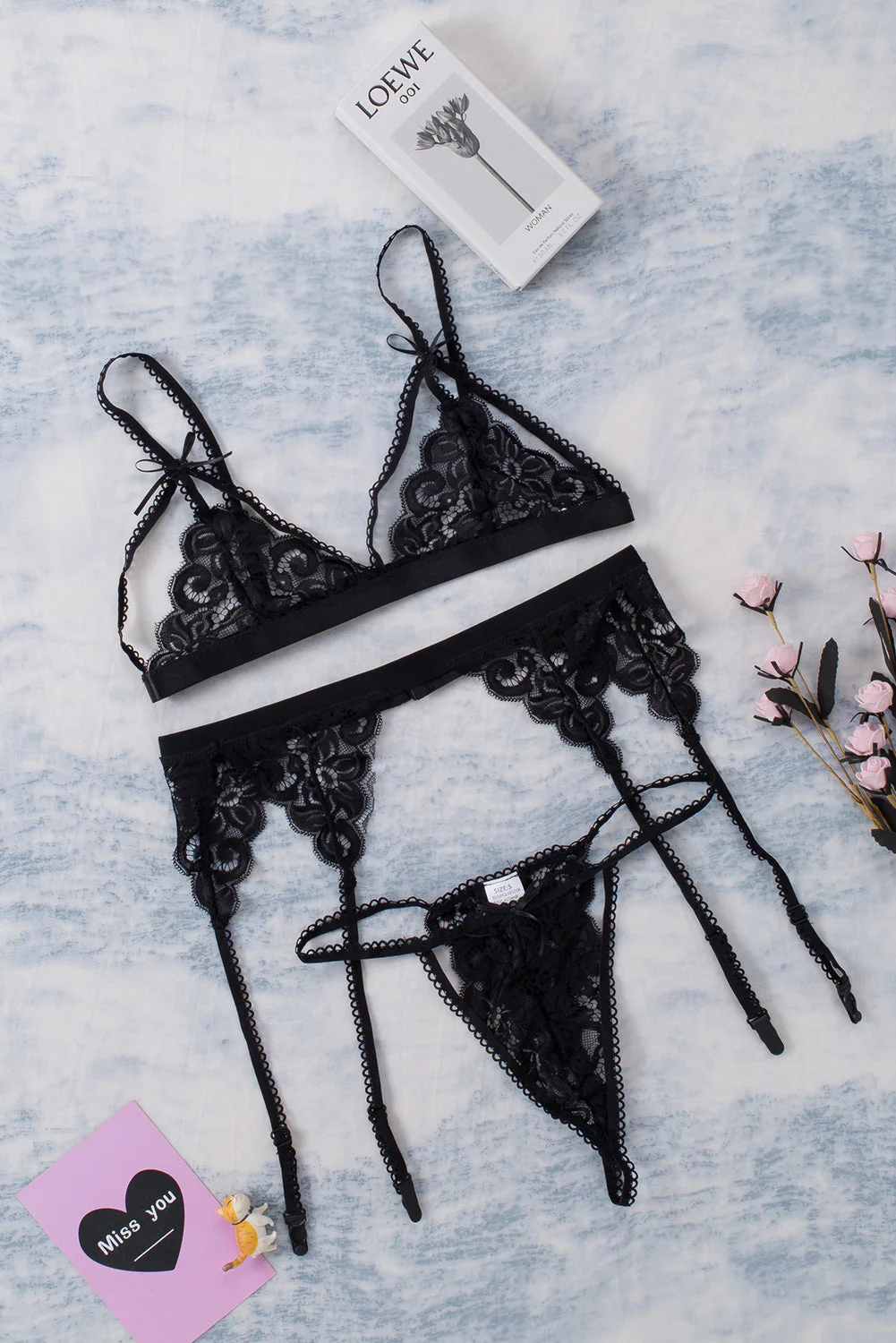 3Pcs Lace Patch Strappy Bra Thong Lingerie Set With Garter Belt - Image 36