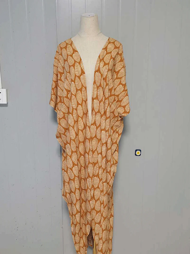 Printed Black & Yellow Color Polyester Long Length Gown Kimono Duster Robe - Image 2