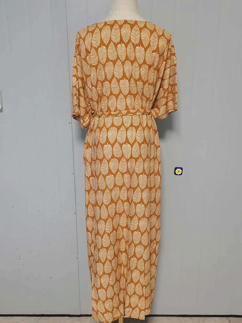 Printed Black & Yellow Color Polyester Long Length Gown Kimono Duster Robe - Image 4