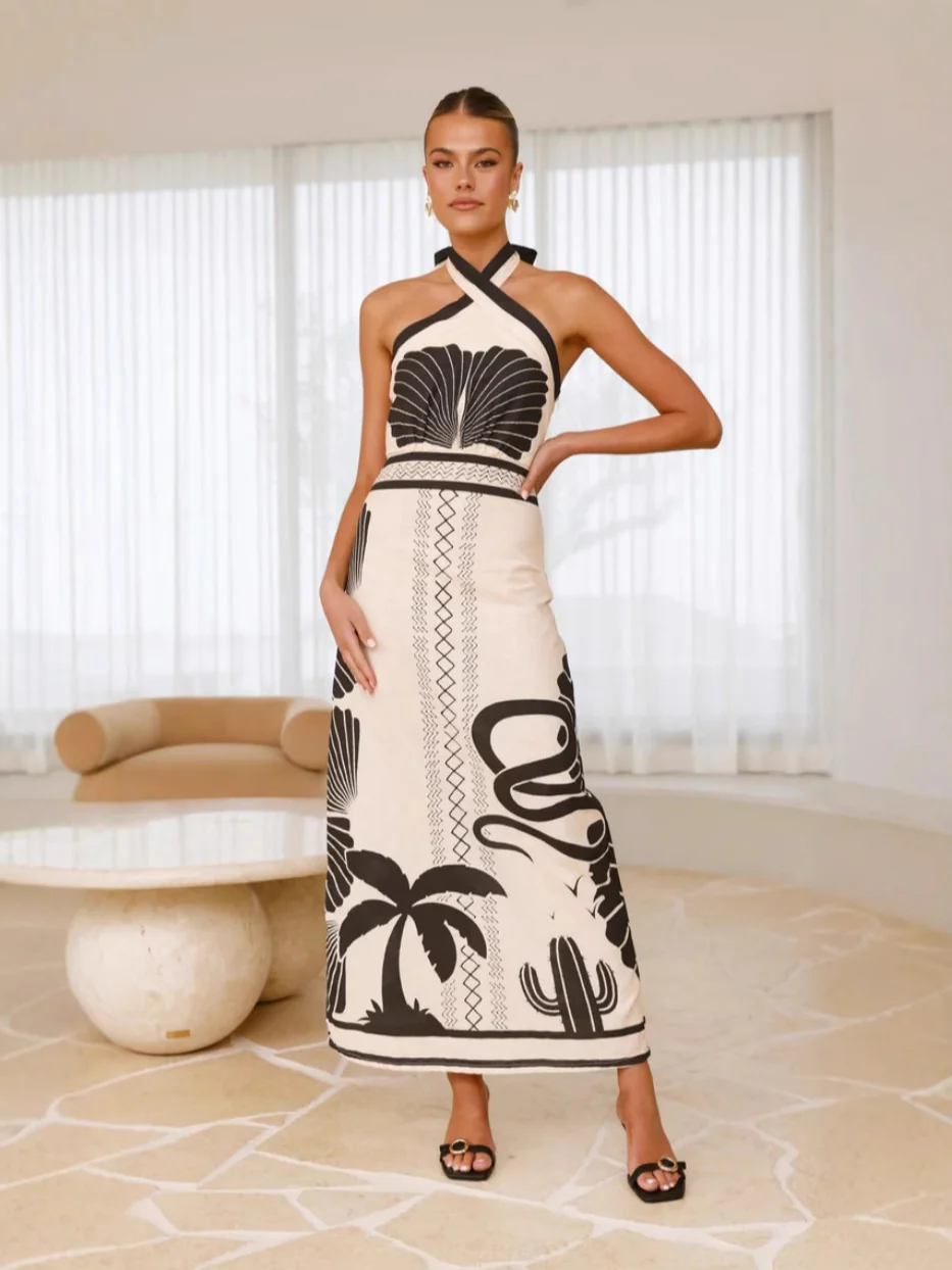 A Shell Print Off-The-Neck Cinched Waist A-Line Dress - Image 4