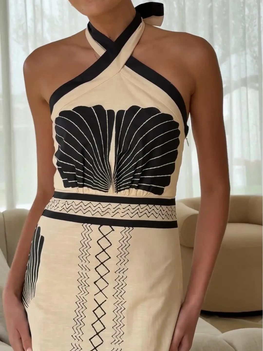 A Shell Print Off-The-Neck Cinched Waist A-Line Dress - Image 5