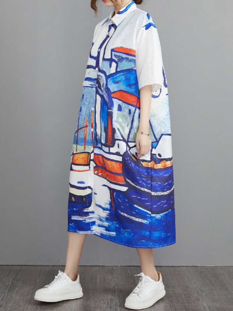 Abstract Art Print Cotton Short Sleeve A-Line Shirt Dress - Image 6