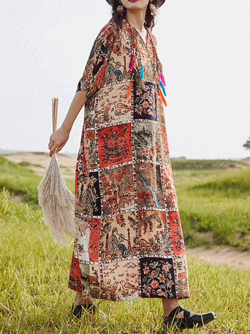 Abstract Print Cotton Half Sleeves Kaftan Dress - Image 3