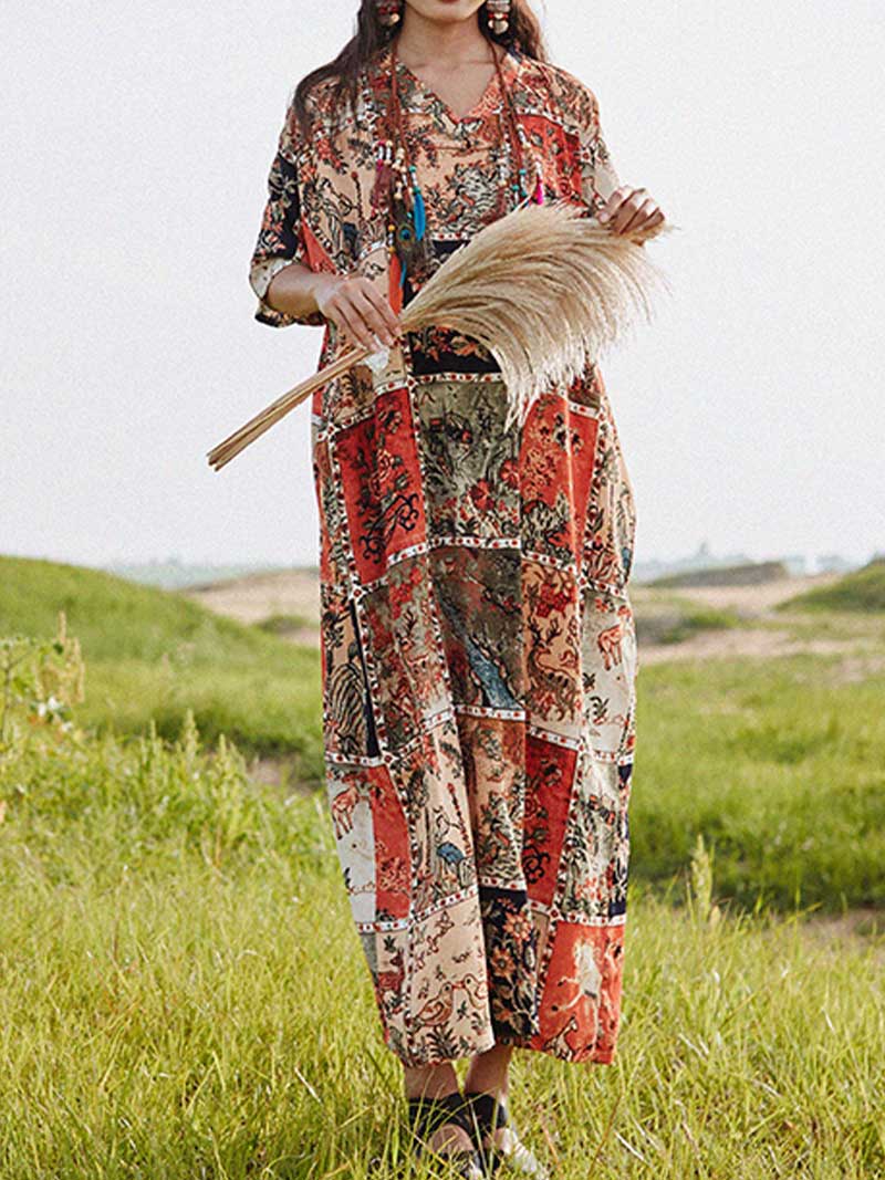 Abstract Print Cotton Half Sleeves Kaftan Dress - Image 4