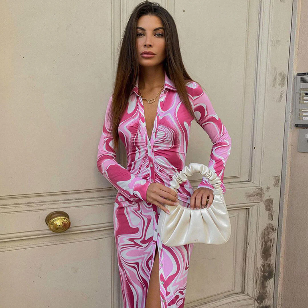 Abstract Ruched Long Sleeve V Neck Button Up Split Shirt Midi Dress - Pink - Image 2
