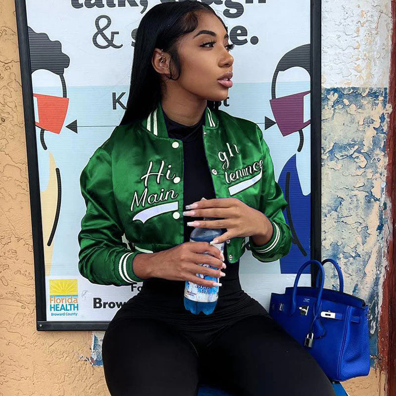 Active Letter Print Button Up Cropped Varsity Bomber Jacket - Emerald Green - Image 3