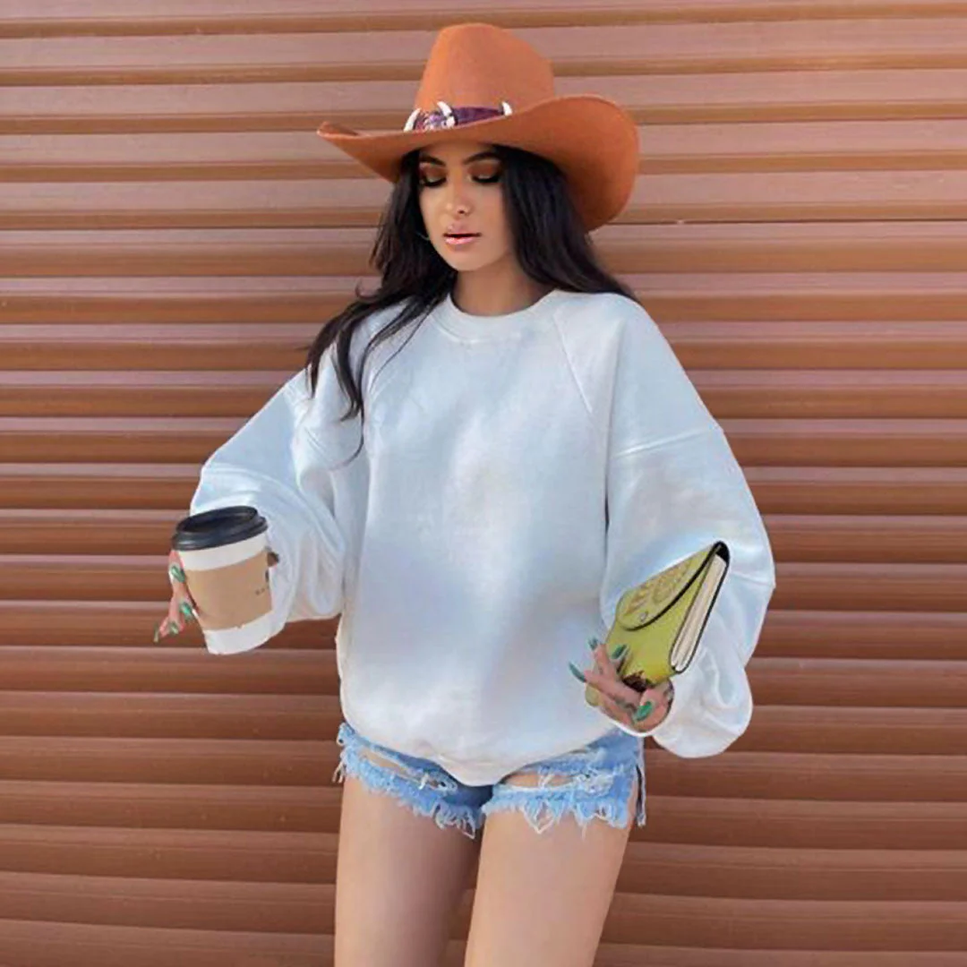 Active Ribbed Trim Drop Shoulder Long Sleeve Crew Neck Sweatshirt - White - Image 2