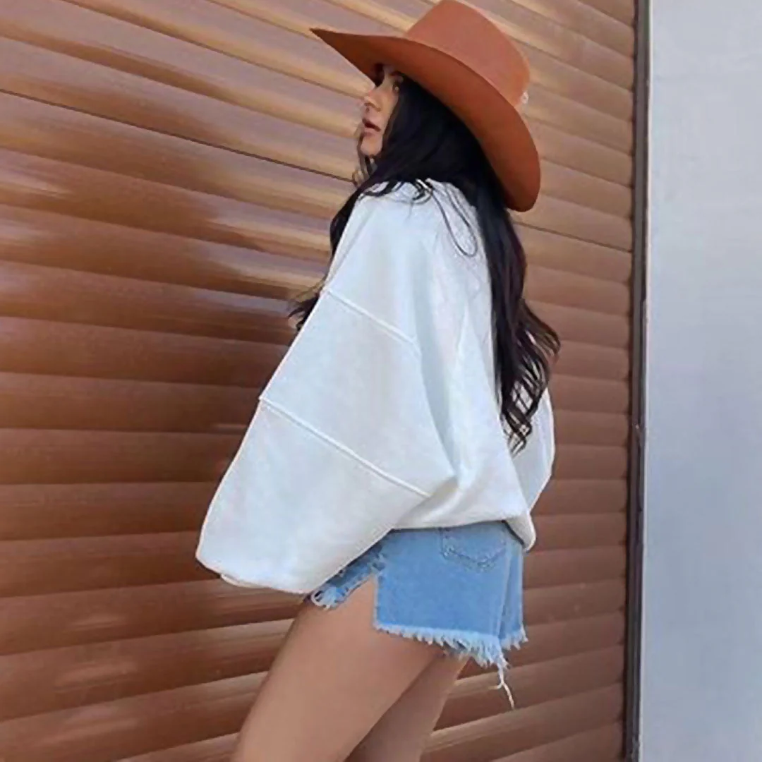 Active Ribbed Trim Drop Shoulder Long Sleeve Crew Neck Sweatshirt - White - Image 3