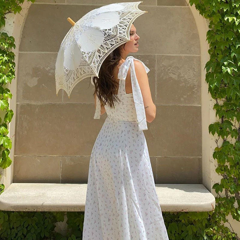 Adorable Daisy Printed High Slit A-Line Slip Midi Sundress - White - Image 3