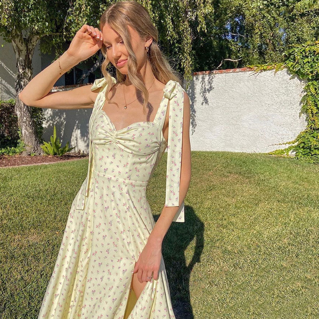 Adorable Daisy Printed High Slit A-Line Slip Midi Sundress - Yellow - Image 3