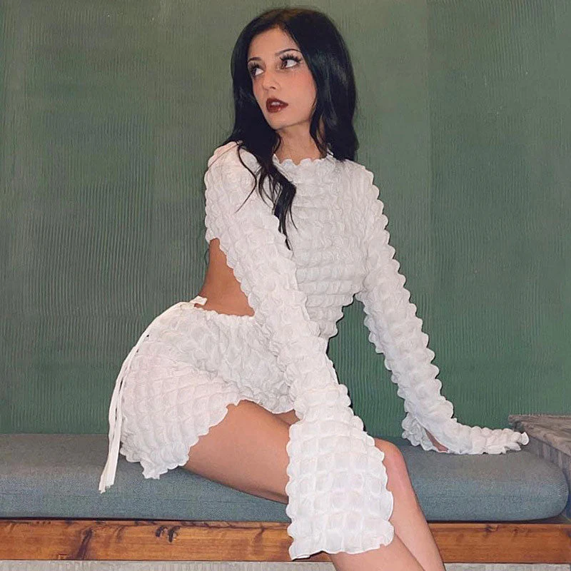 Adorable Popcorn Texture Cut Out Long Sleeve Bodycon Mini Dress - White - Image 2