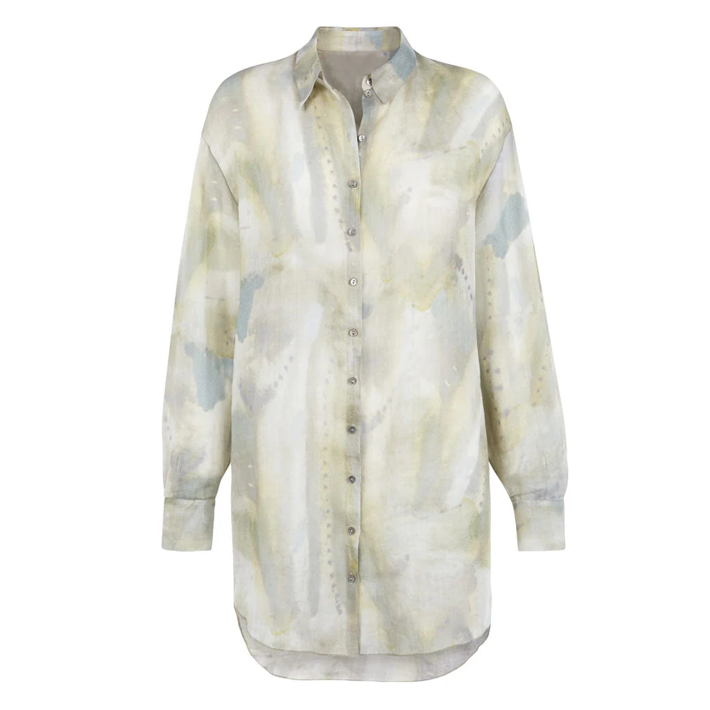 Airy Watercolor Print Long Sleeve Button Down Ramie Blouse - Green - Image 3