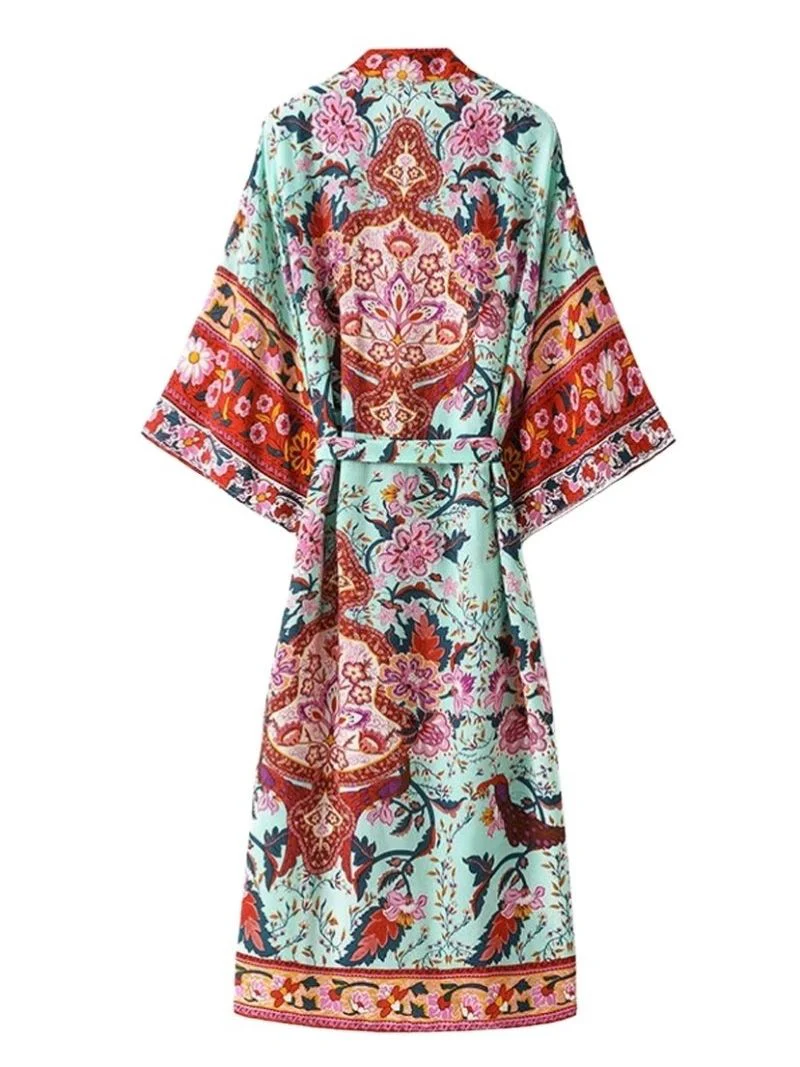 Nightwear Floral Print Green Color Cotton Long Length Gown Kimono Robe - Image 2