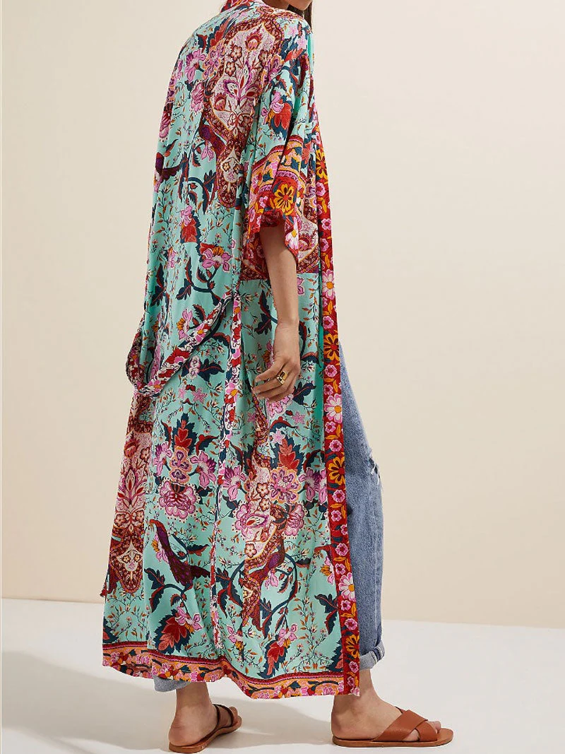 Nightwear Floral Print Green Color Cotton Long Length Gown Kimono Robe - Image 3