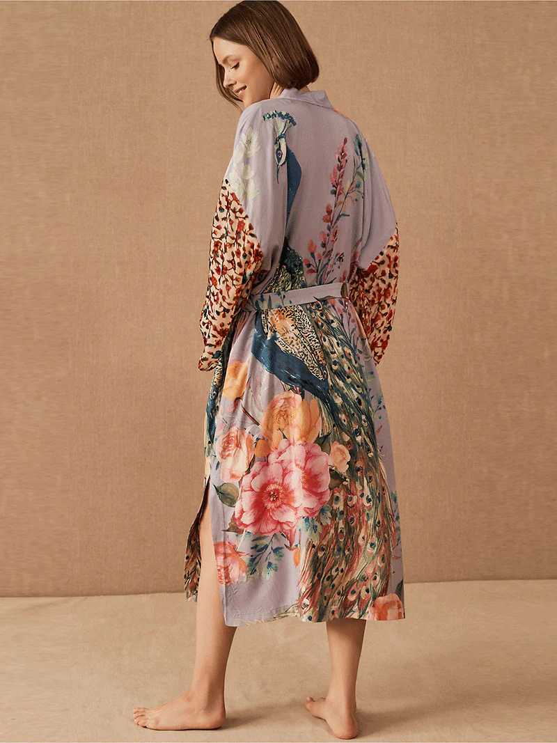 Bridal Partywear Polyester Long Length Peacock Print Multicolor Gown Kimono Duster Robe - Image 2