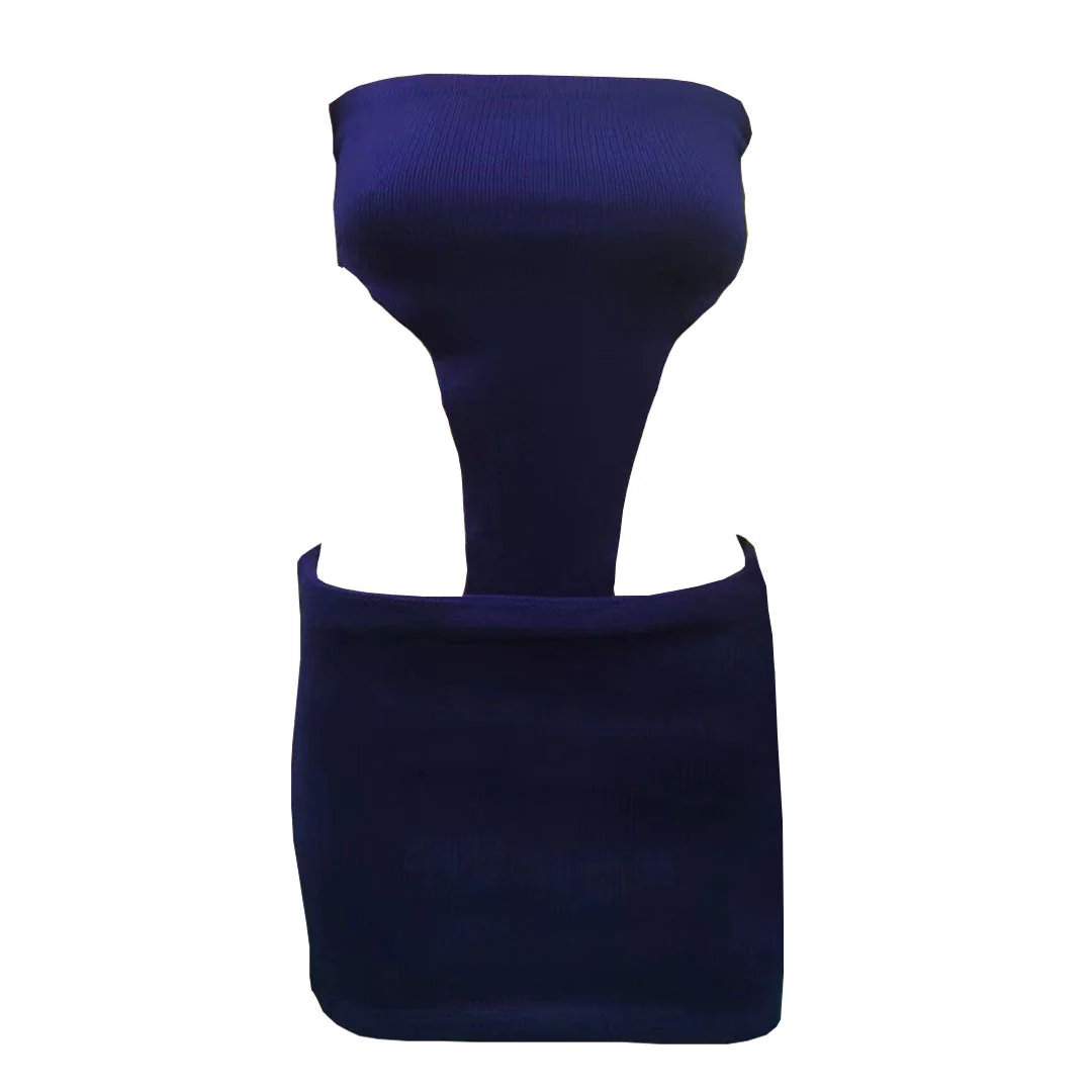 Alluring Rib Knit Cut Out Bodycon Strapless Mini Dress - Navy Blue - Image 3