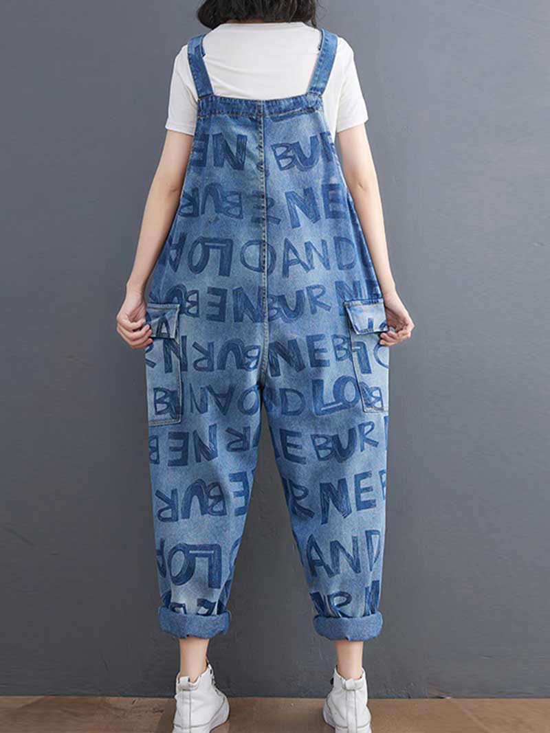 Alphabets Letter Print Denim High Waist Overalls Dungaree - Image 2