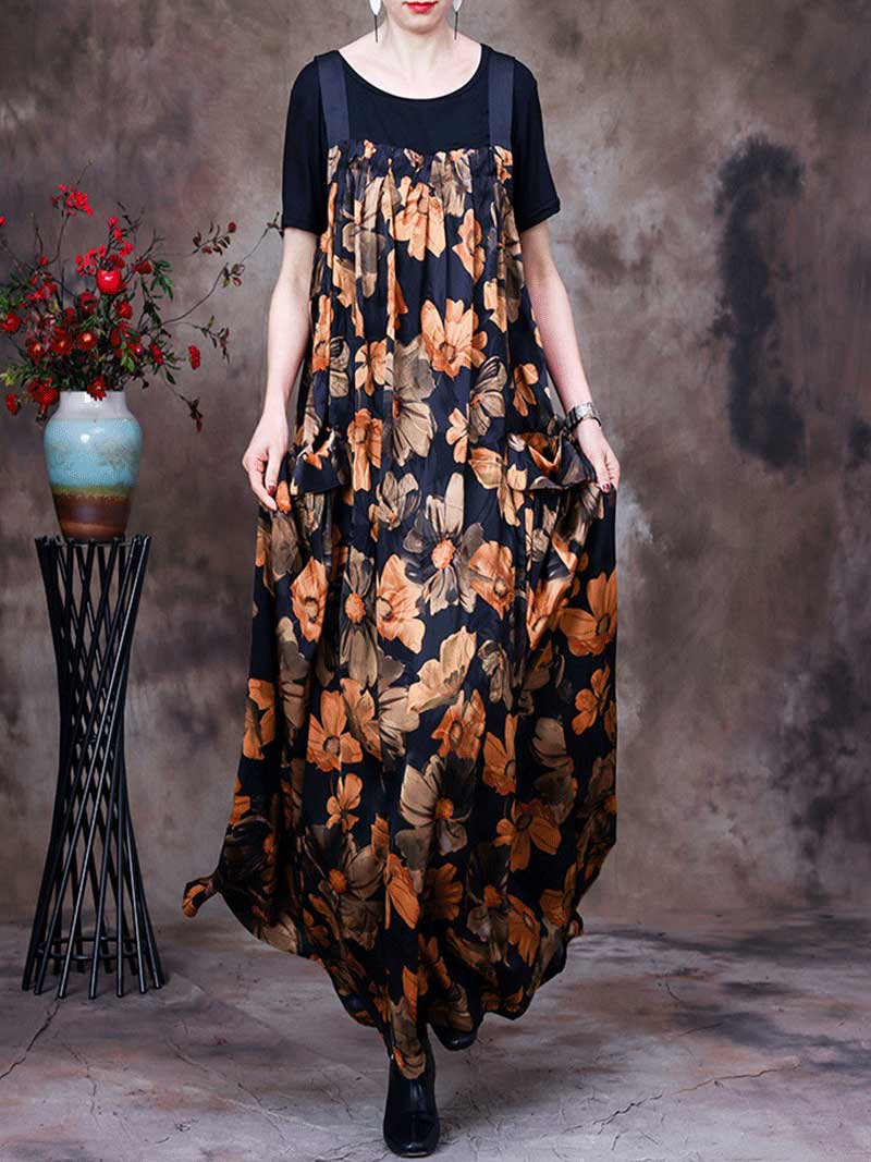 Always Glowing Printed Pleated Pocket Maxi Salopette Dress
