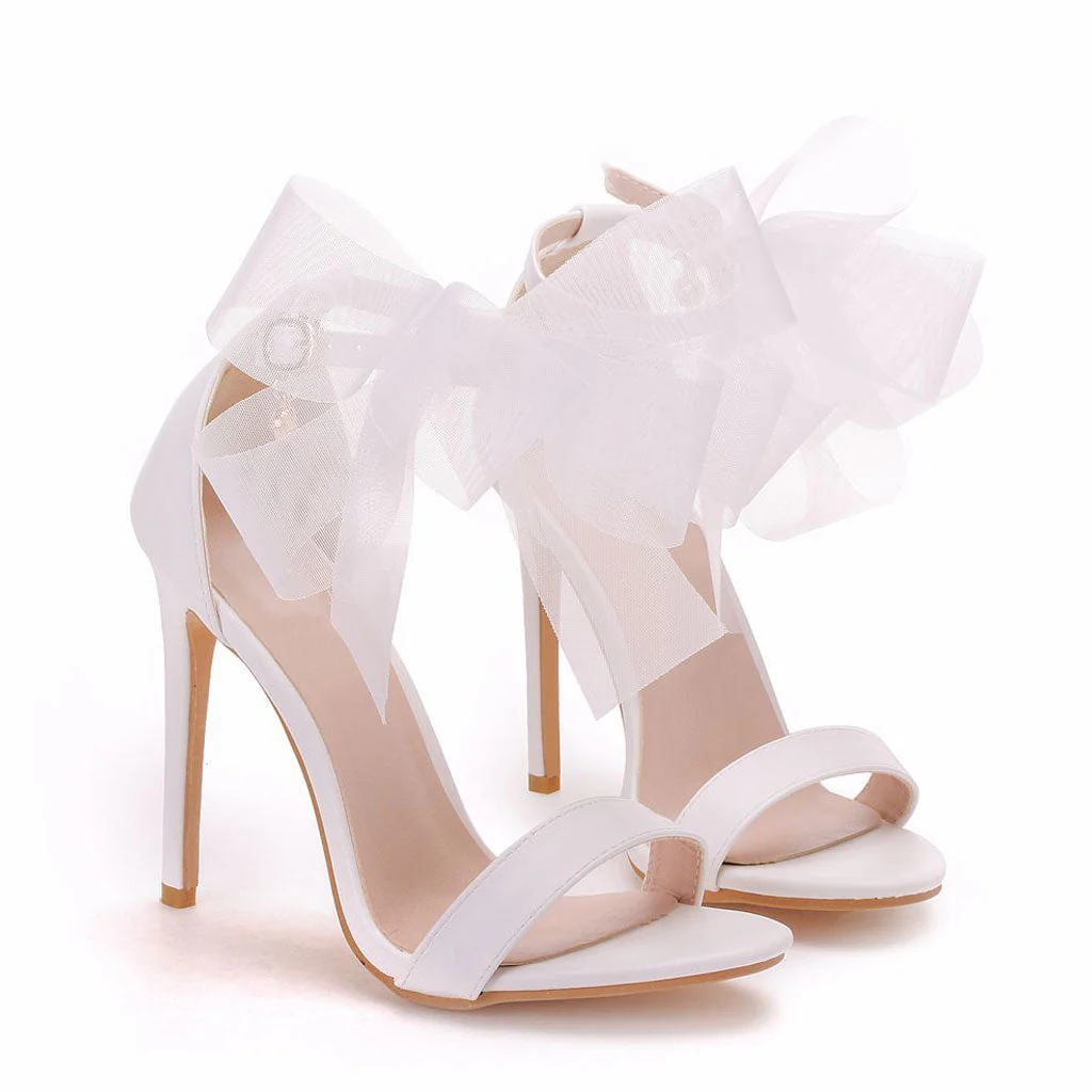 Amazing Bowknot Trim Ankle Strap High Heel Sandals - White - Image 3