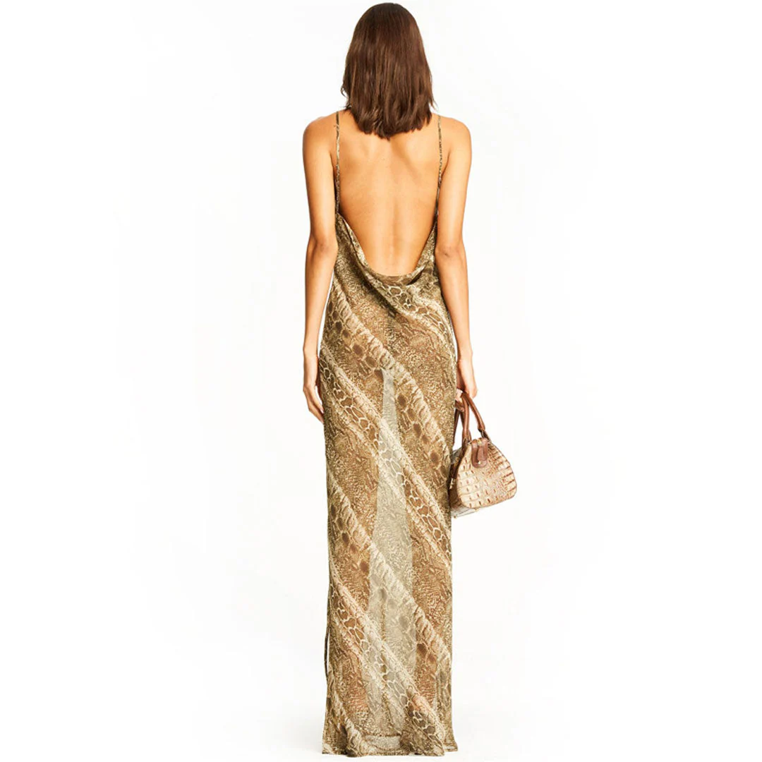 Animal Print Cowl Backless Sheer Chiffon Slit Slip Maxi Dress - Snake - Image 2