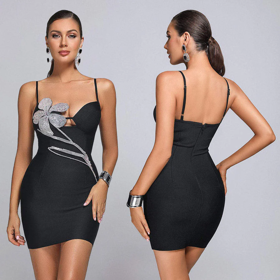 FUSAE Black Mini Dress with Crystal FLowER - Image 2