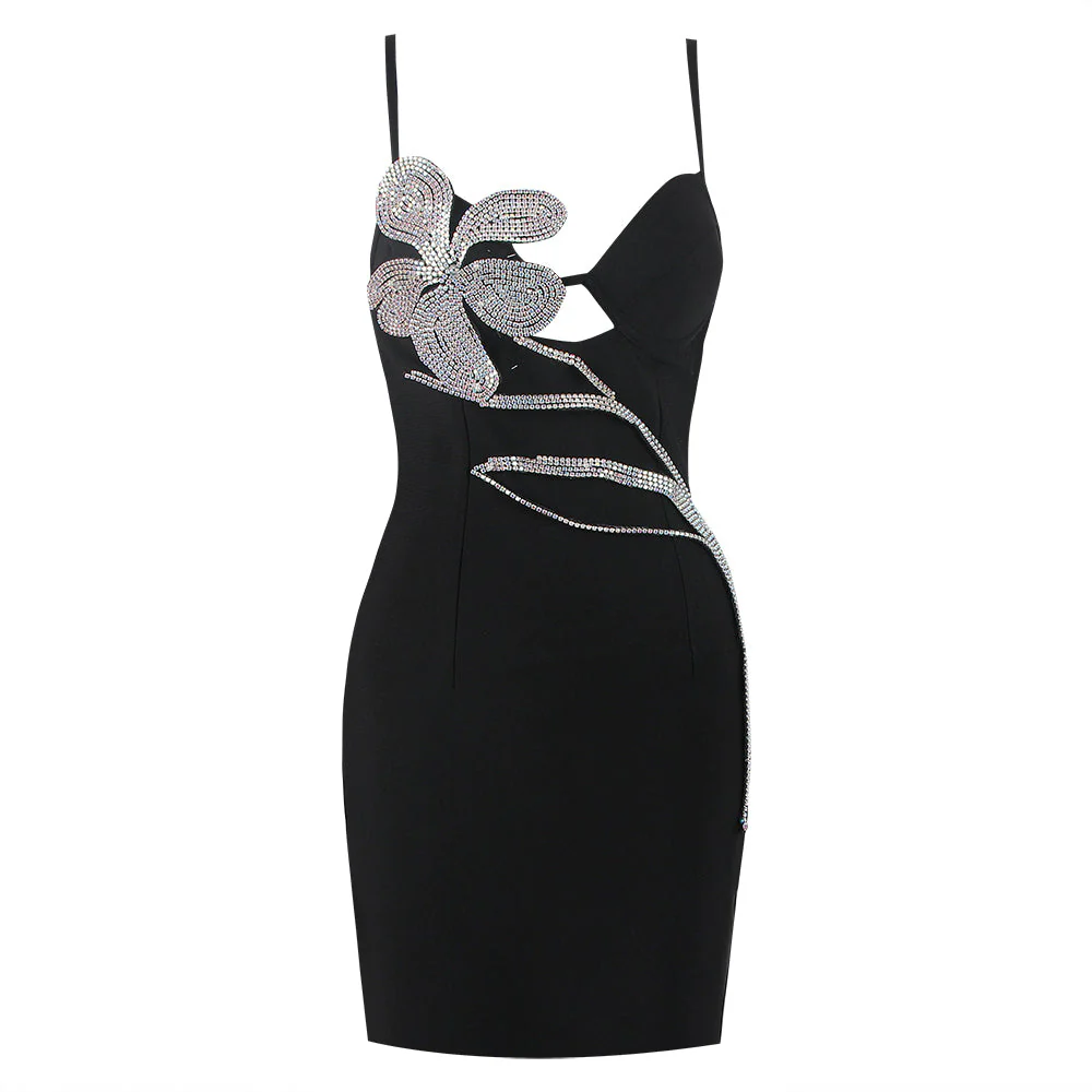 FUSAE Black Mini Dress with Crystal FLowER - Image 3