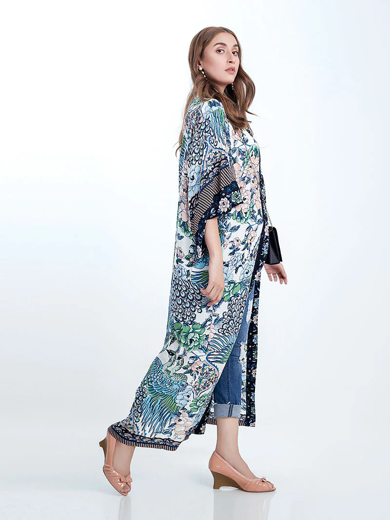 Beachwear Cotton Long Length Floral With Birds Print Blue, White & Green Color Gown Kimono Duster Robe - Image 3