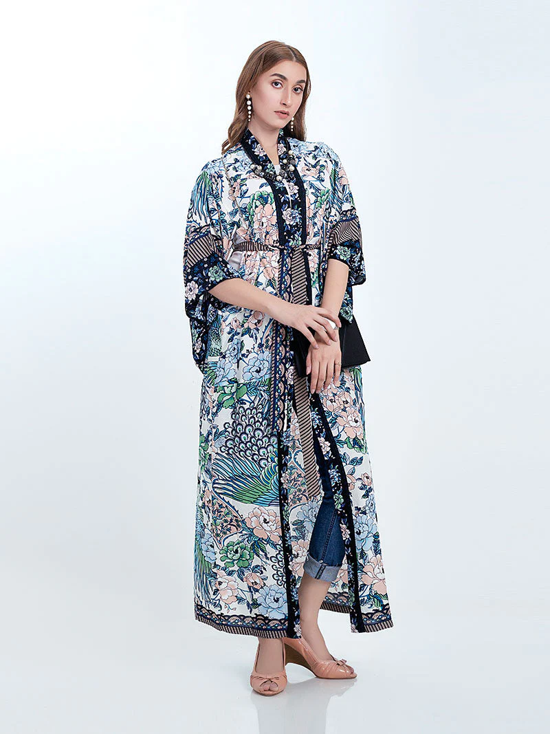 Beachwear Cotton Long Length Floral With Birds Print Blue, White & Green Color Gown Kimono Duster Robe - Image 4