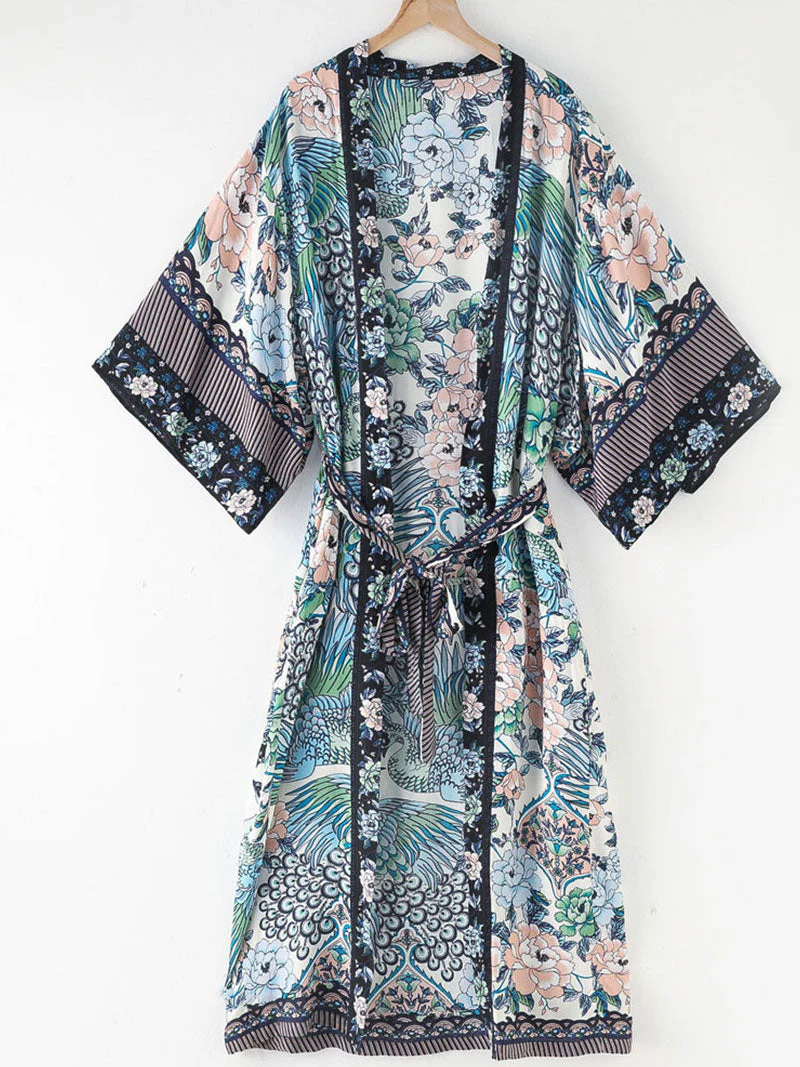 Beachwear Cotton Long Length Floral With Birds Print Blue, White & Green Color Gown Kimono Duster Robe - Image 5