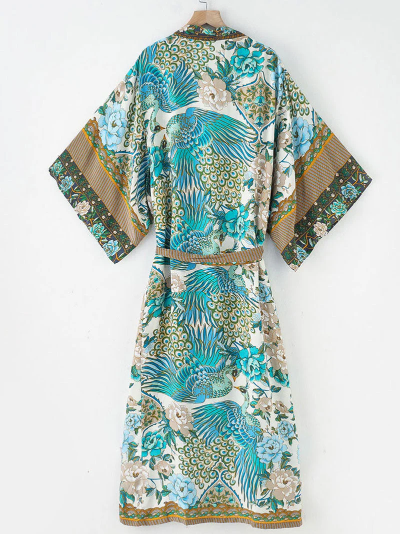 Beachwear Cotton Long Length Floral With Birds Print Blue, White & Green Color Gown Kimono Duster Robe - Image 8