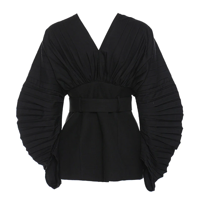 Architectural Pleated Balloon Sleeve V Neck Belted Zip Up Jacket - Image 2