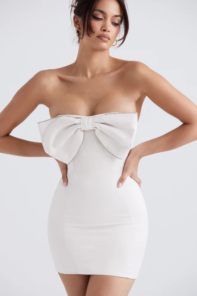 Ariella Ivory Satin Crystal Bow Dress - Image 3