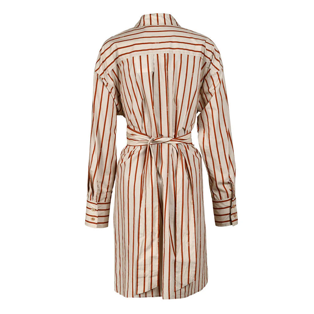 Artful Striped Print Collared Drop Shoulder Button Down Belted High Low Shirt Dress - Image 3