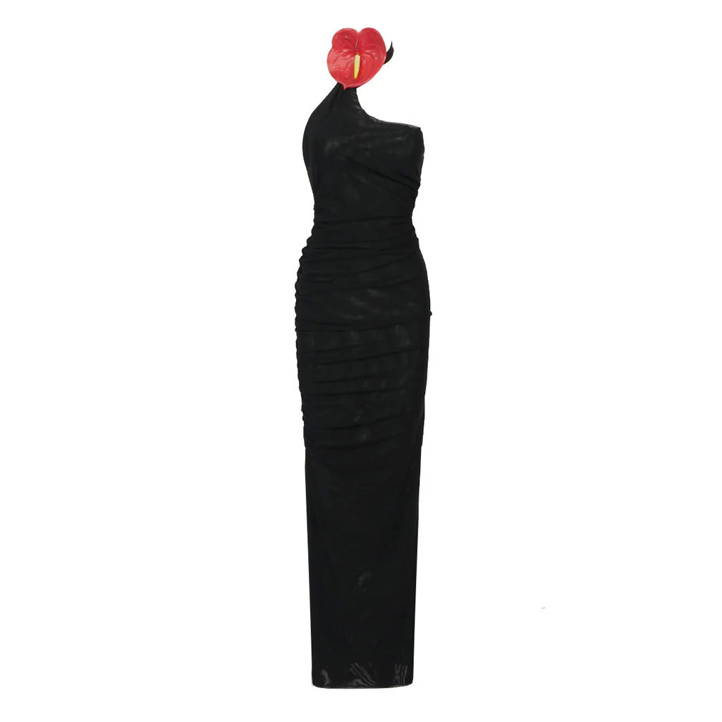 Artist Floral Corsage Halter Neck One Shoulder Ruched Mesh Maxi Dress - Image 2