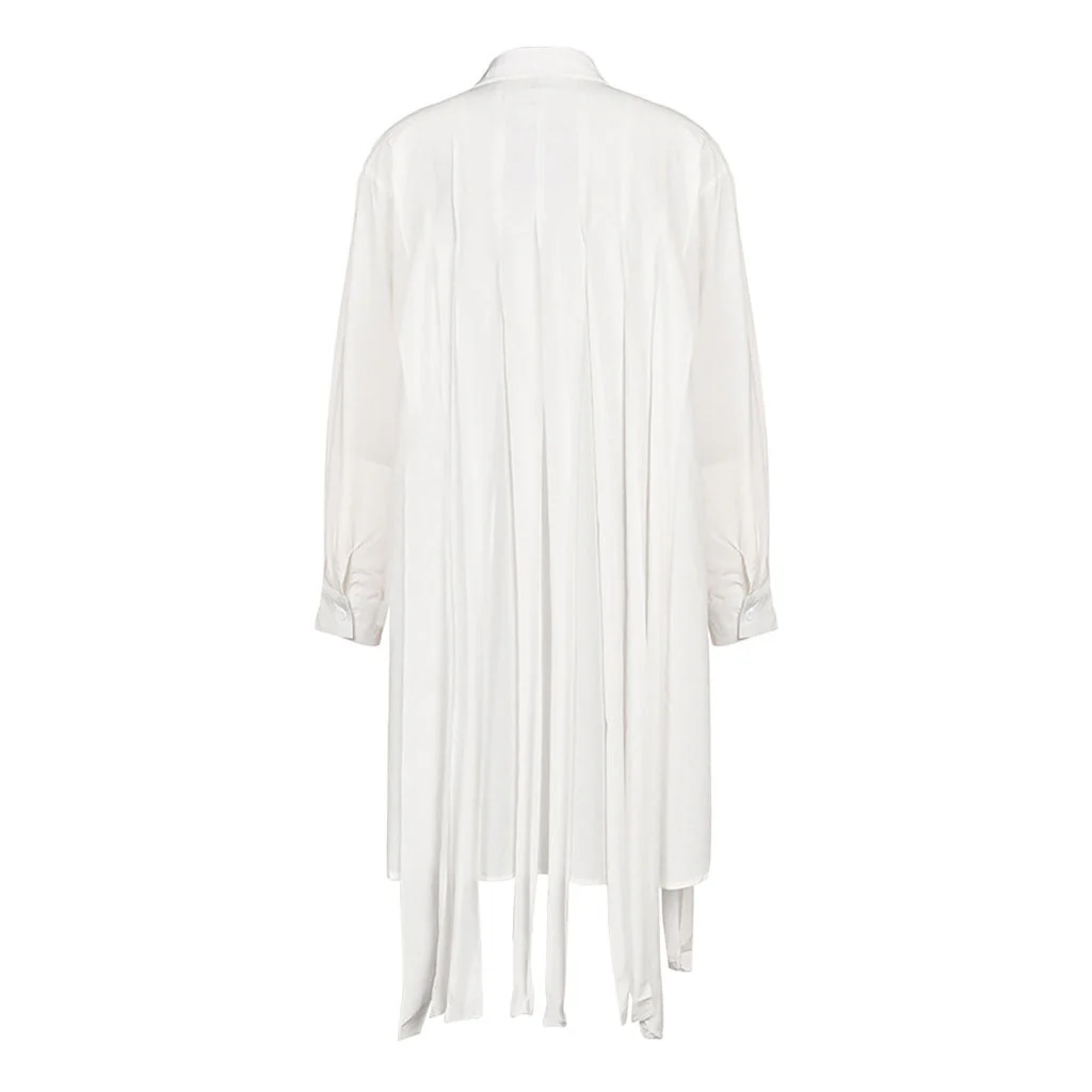 Artistic Pointed Collar Long Sleeve Pleated Fringe Deconstructed Midi Shirt Dress - Image 3