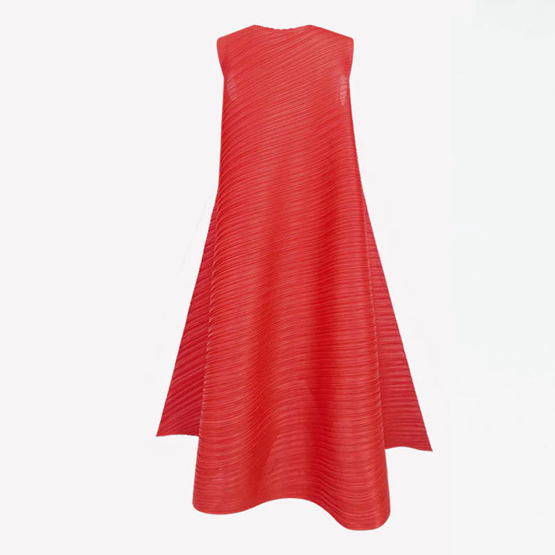 Artistic Round Neck A Line Sleeveless Asymmetrical Pleated Midi Dress - Image 4