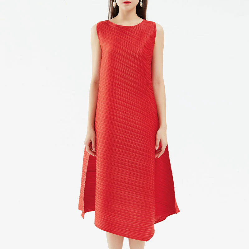 Artistic Round Neck A Line Sleeveless Asymmetrical Pleated Midi Dress - Image 5