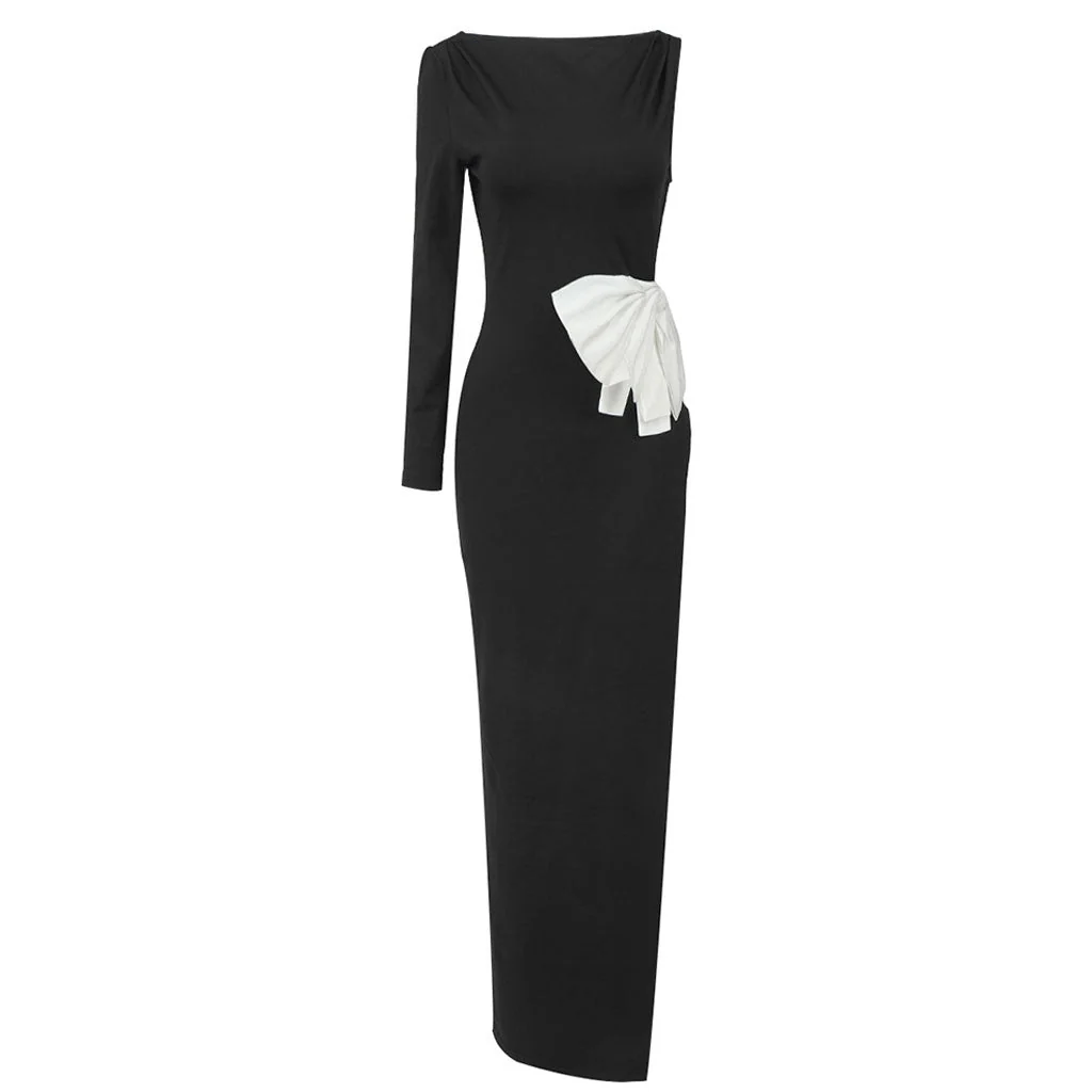 Artsy Big Bow Backless Boat Neck Long Sleeve Side Split Thigh Maxi Evening Dress - Image 6