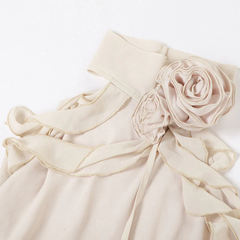 Asymmetric 3D Rosette Detail Halter Neck Ruffle Sleeveless Mini Tiered Dress - Image 4