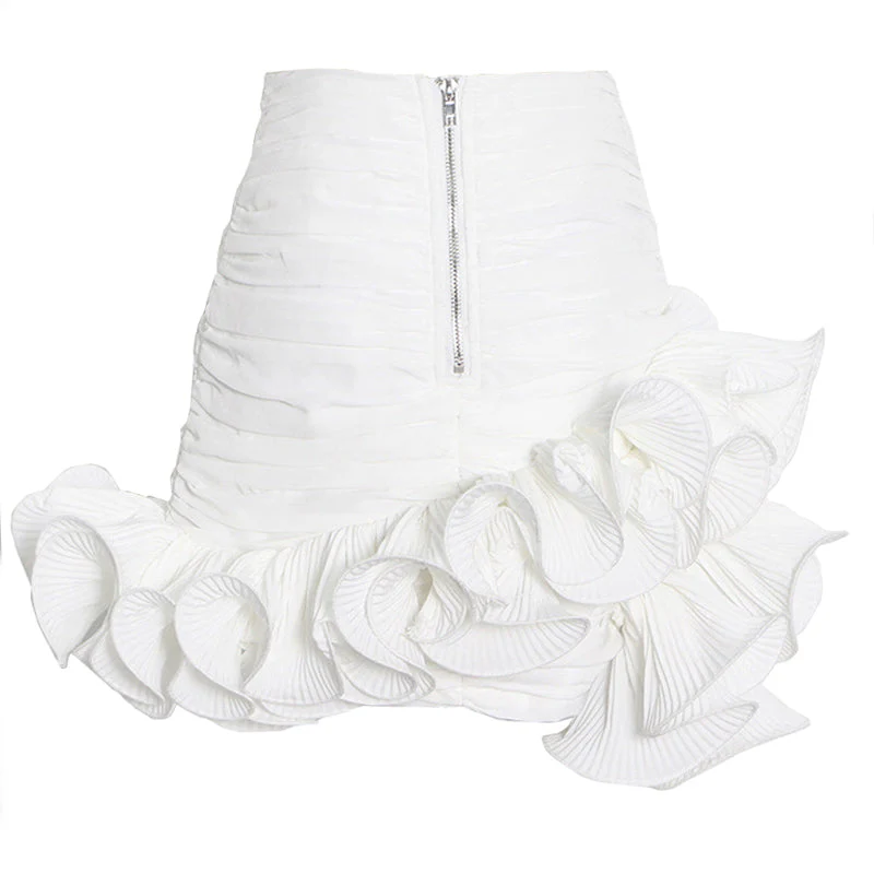 Asymmetric 3D Ruffle Ruched High Waist Bodycon Mini Skirt - Image 2
