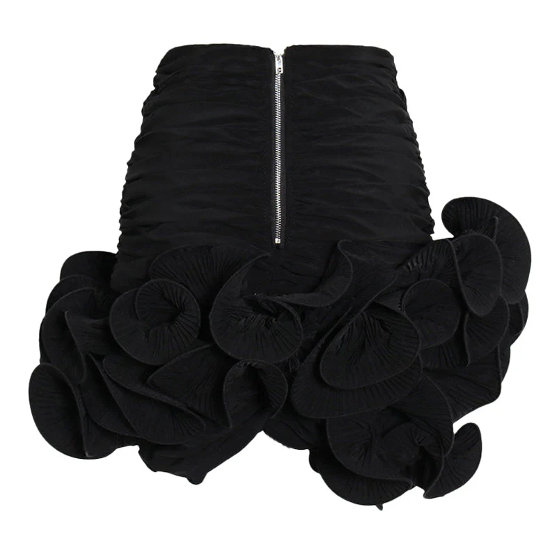 Asymmetric 3D Ruffle Ruched High Waist Bodycon Mini Skirt - Image 4
