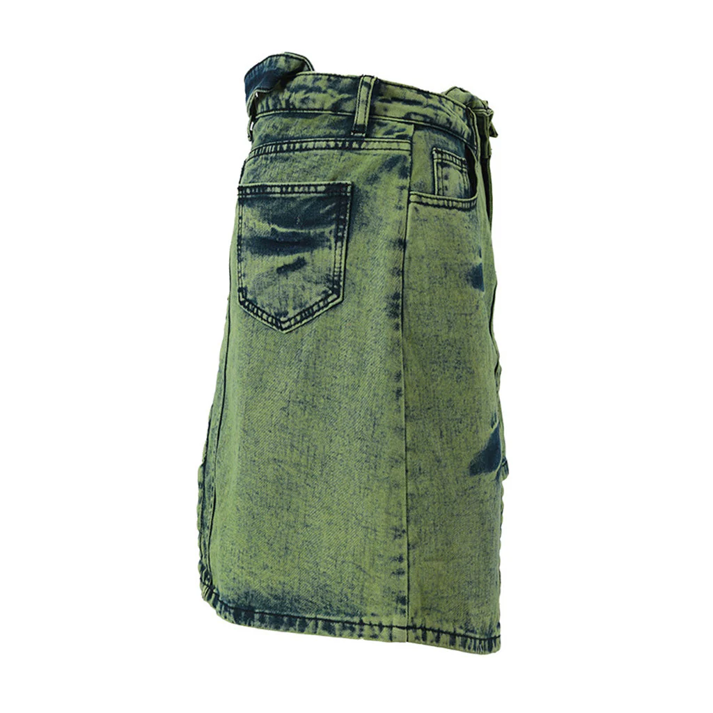 Asymmetric Belted Acid Wash High Waist Mini Denim Skirt - Image 2