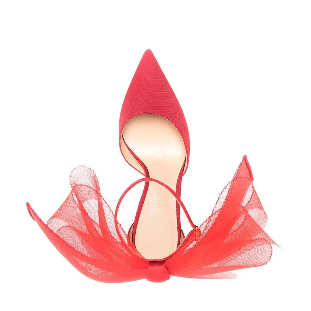Asymmetric Bow Detail Pointed Toe Ankle Strap Stiletto Pumps - Red - Image 3