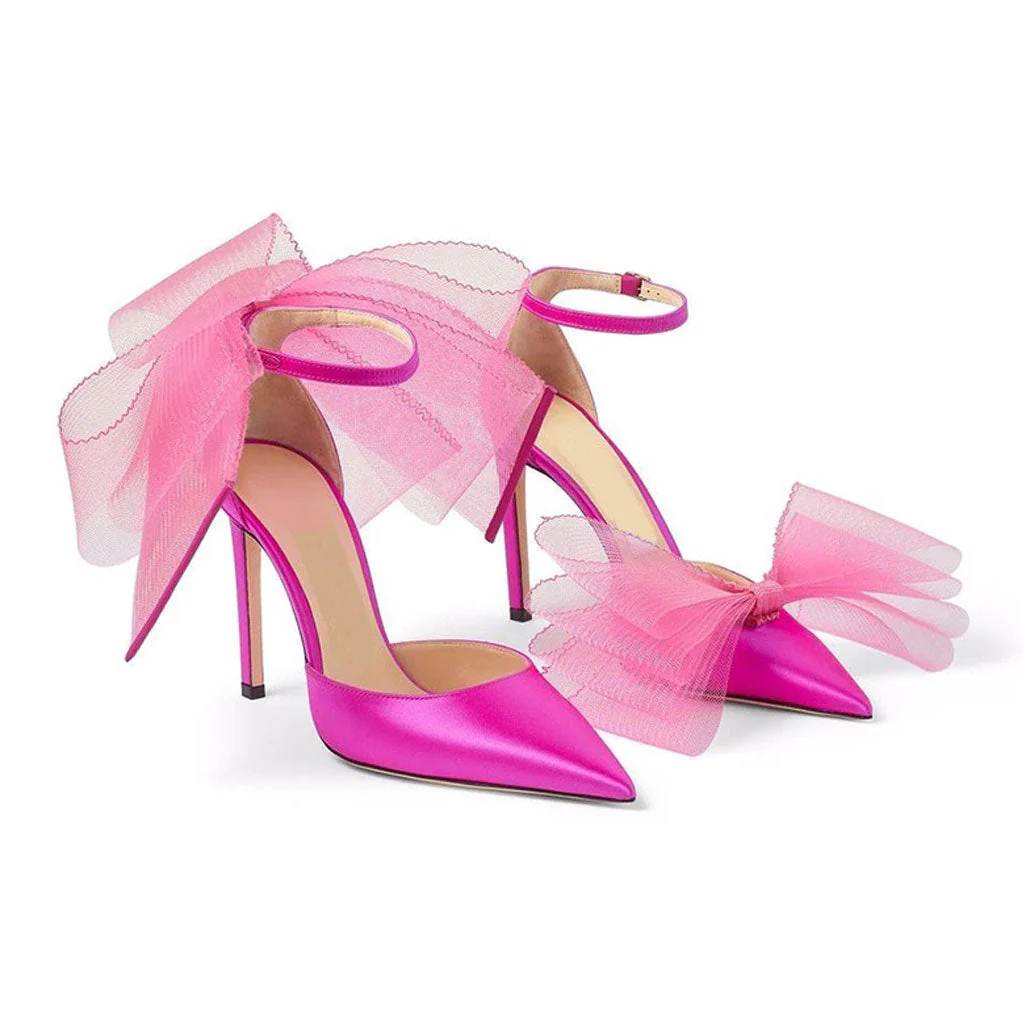 Asymmetric Bow Detail Pointed Toe Ankle Strap Stiletto Pumps - Fuchsia - Image 6