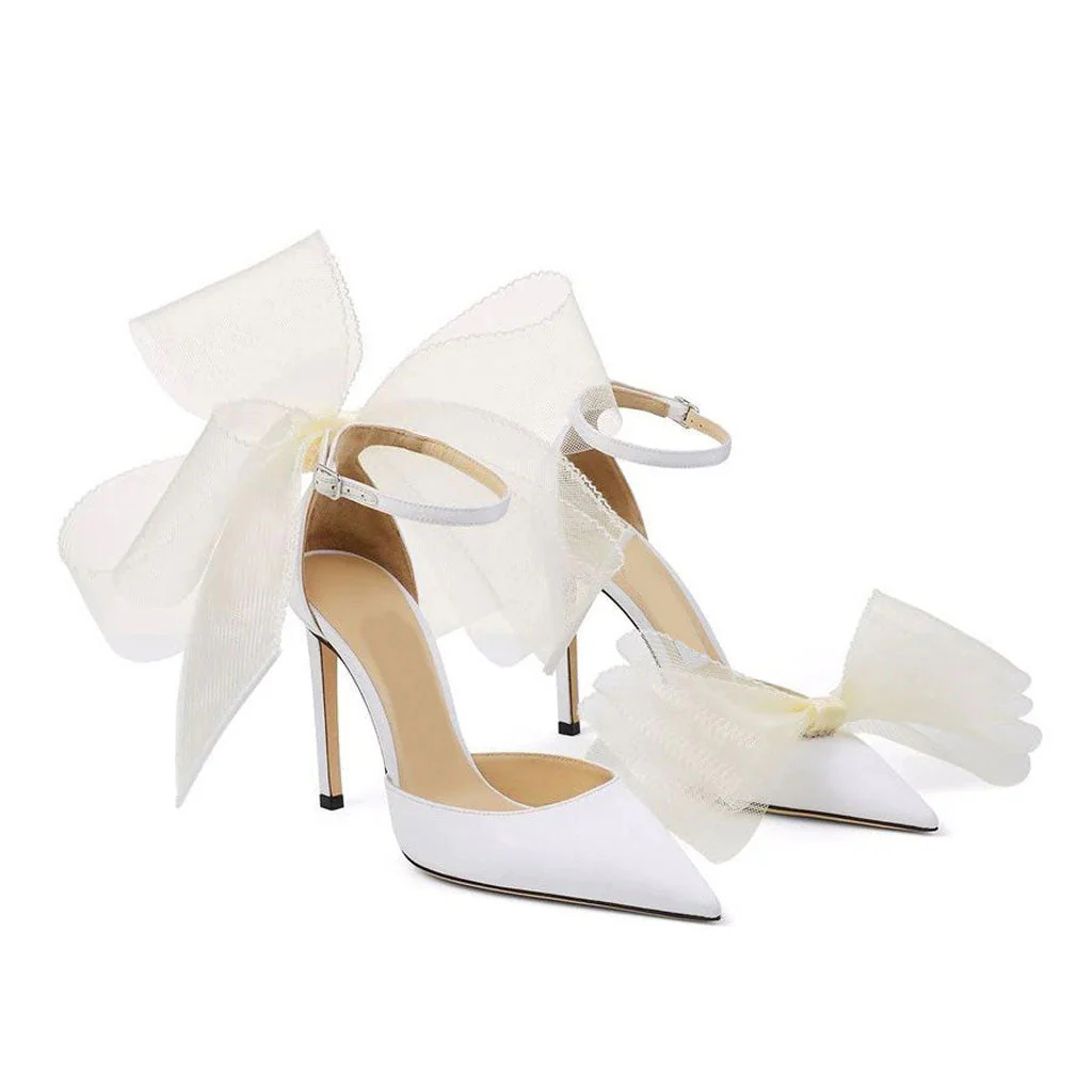 Asymmetric Bow Detail Pointed Toe Ankle Strap Stiletto Pumps - White - Image 2