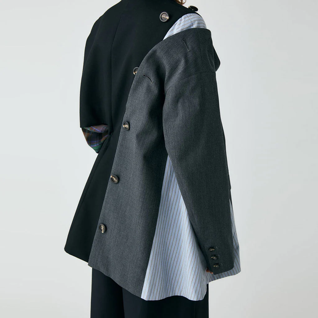 Asymmetric Button Detail Drawstring Waist Deconstructed Hybrid Blazer - Black - Image 2