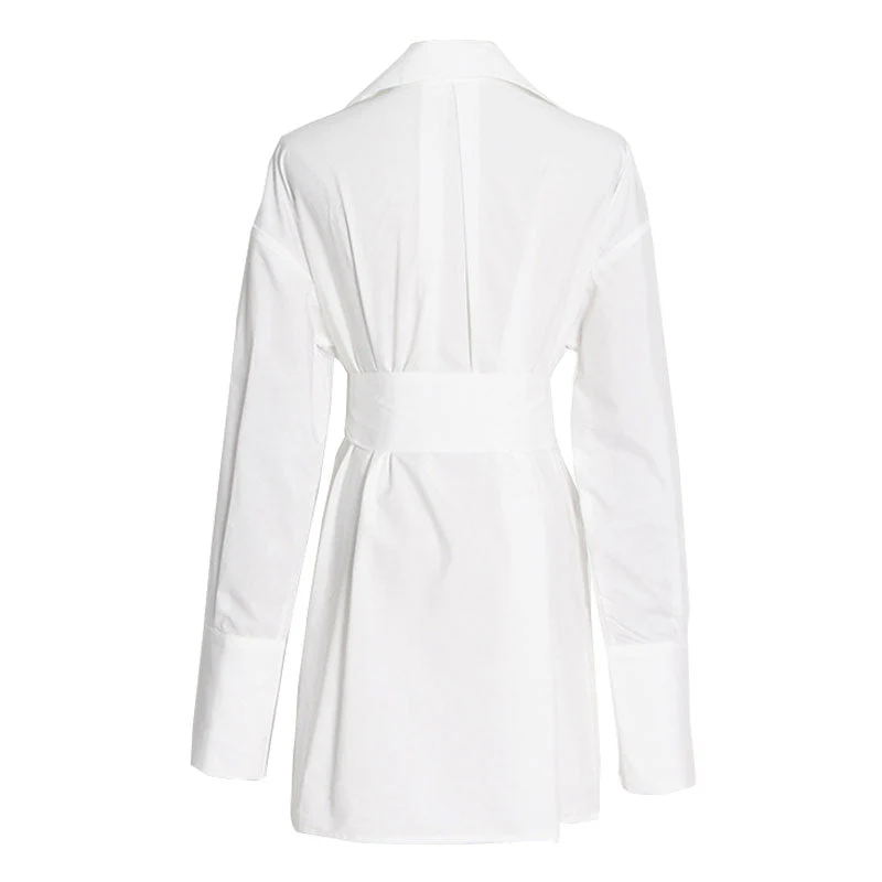 Asymmetric Collared Patch Pocket Button Up Belted Long Sleeve Shirt - White - Image 5