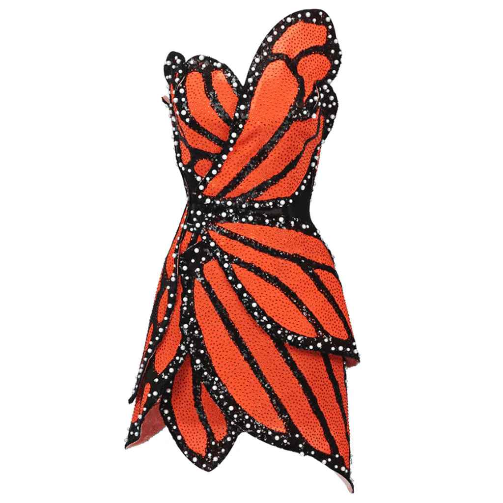 Asymmetric Colorblock Faux Pearl Detail Studded Strapless Mini Party Dress - Image 3