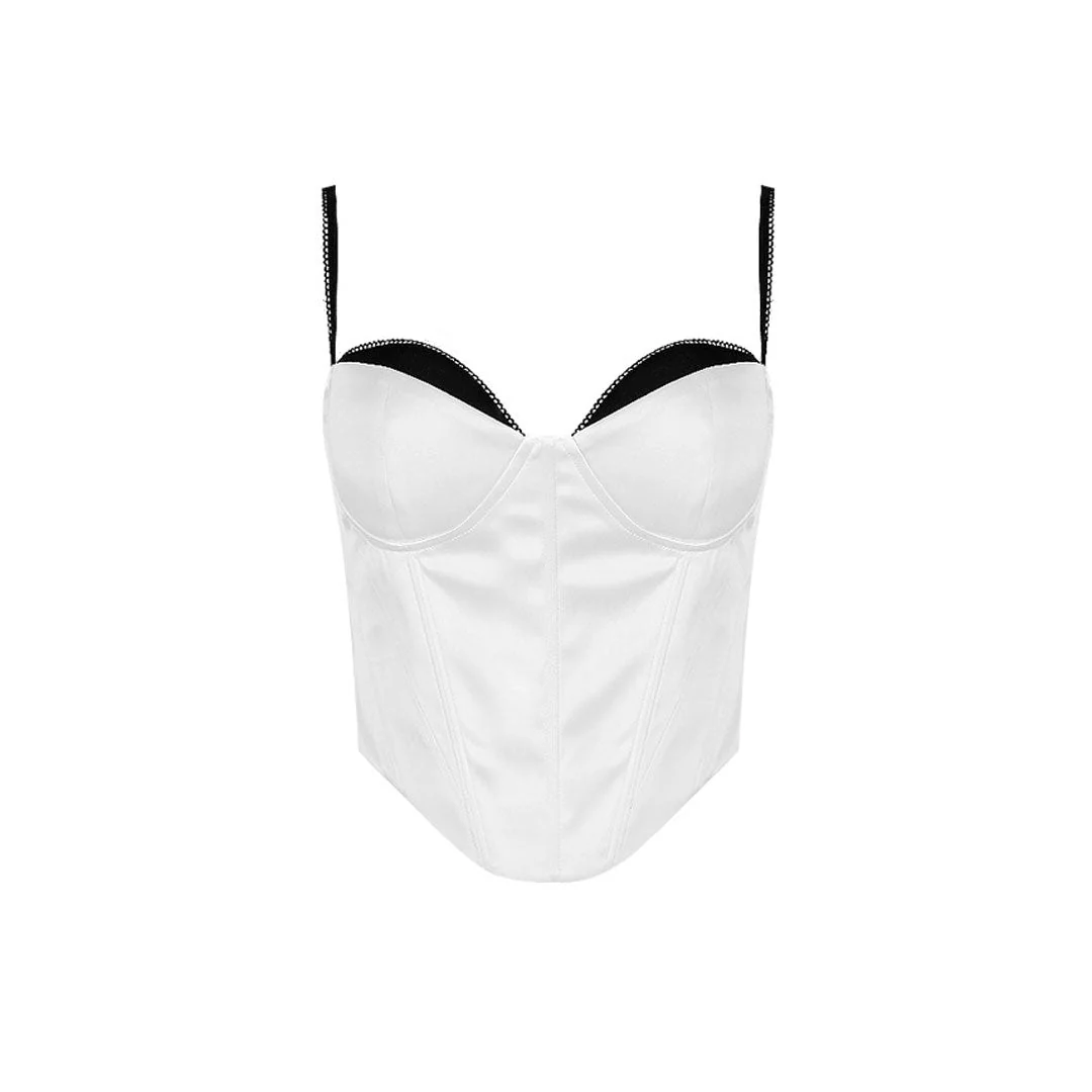 Asymmetric Contrast Sweetheart Satin Sleeveless Corset Crop Top - White - Image 4
