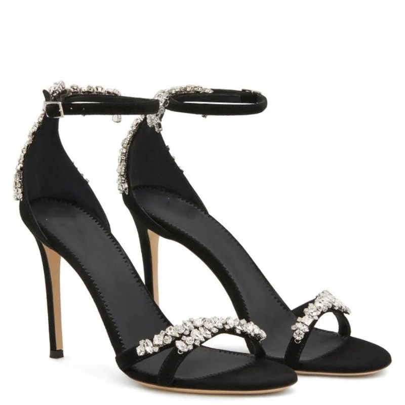 Asymmetric Crystal Embellished Suede Round Toe Stiletto Sandals - Black - Image 2